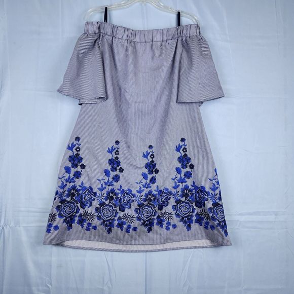 NY & Co Boho Tunic Dress Royal Blue Striped Full Embroidery Off Shoulder Sz L - Picture 1 of 11